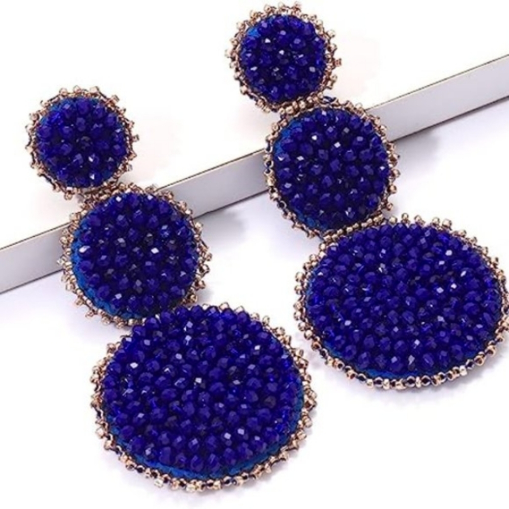 Cobalt Blue Beaded Triple Tier Earrings Bohemian Big Bold Boho Statement New